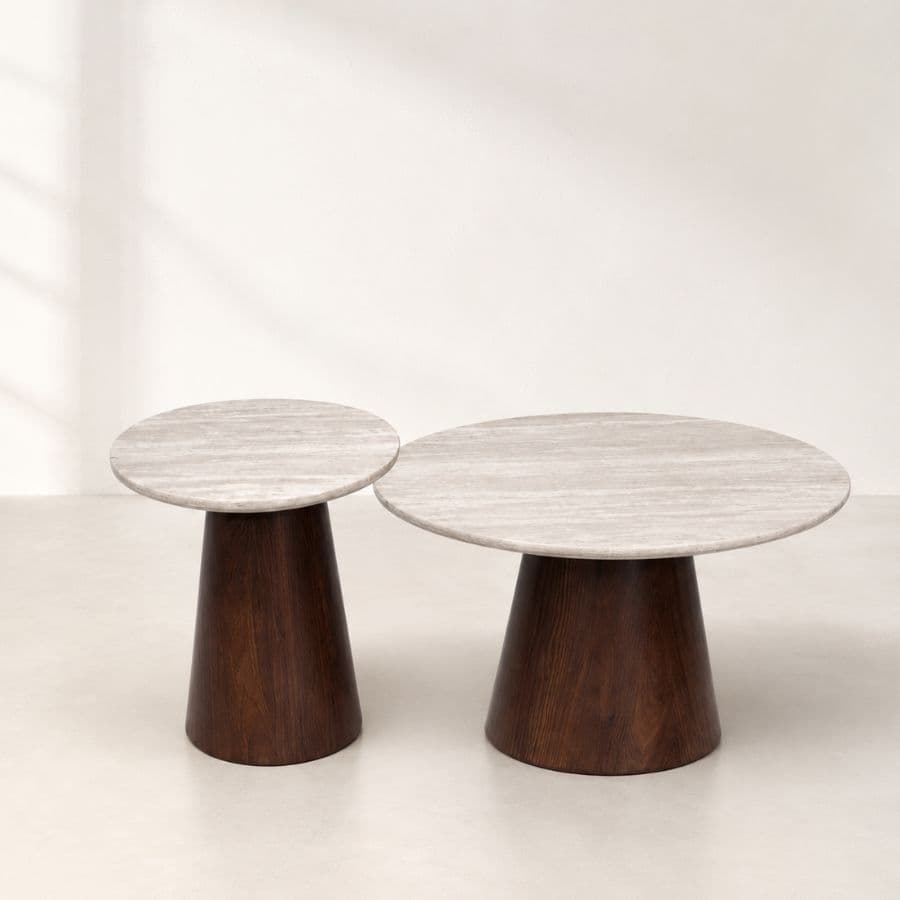 Mesas ratonas dúo set Marea - Tapa Stone y base Walnut - SILVINA C Mesas ratonas dúo set Marea - Tapa Stone y base Walnut - SILVINA C