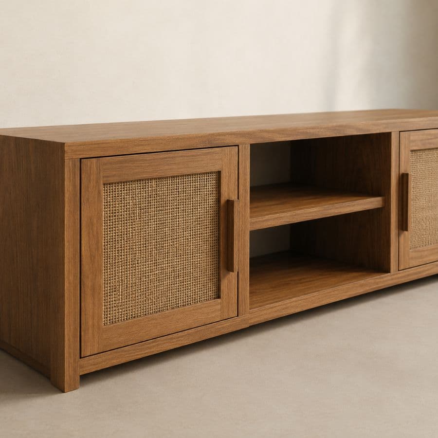 Rack tv madera Nórdica puertas Arpillera Terra - SILVINA C 4 Rack tv madera Nórdica puertas Arpillera Terra - SILVINA C 4